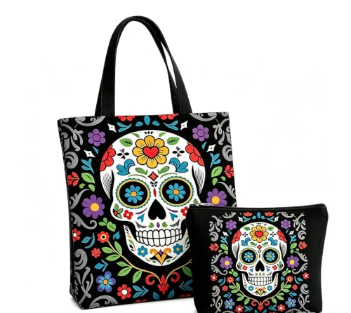 GRITOSE 2pcs Halloween Canvas Tote & Makeup Bag Set - Style25 Skull Print