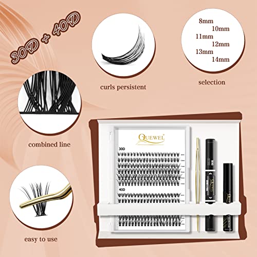 QUEWEL DIY Eyelash Extension Kit 240 Clusters, Applicator & Seal, 30D+40D MIX8-14 (Pack of 1)