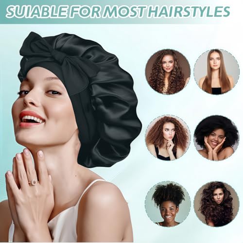 VECIIR Silk Bonnet for Sleeping Women, Ajustable Hair Bonnet for Curly Hairs Satin Bonnet Reduce Friction Prevent Frizz Black£¬Large