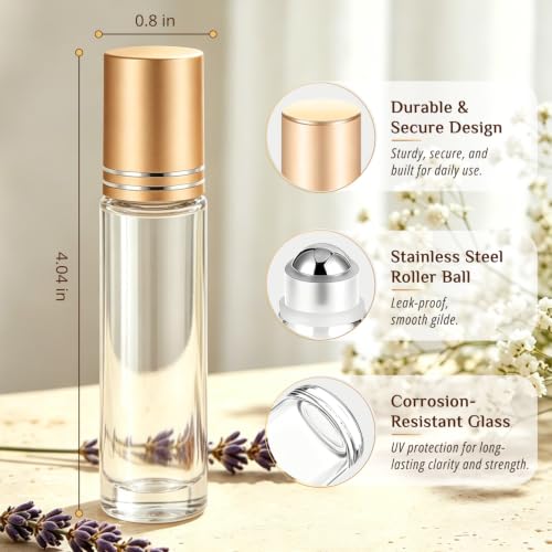 PrettyCare 10ml Essential Oil Roller Bottles - 4 Pack, Leak-Proof Glass