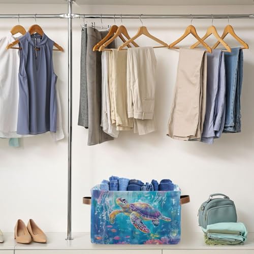 Foldable Storage Basket with Handles - Watercolor Turtle & Jellyfish Design