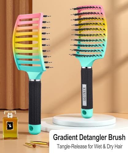 KTKUDY Detangling Hair Brush for Women & Kids - Green-Yellow-Pink Gradient, Wet & Dry Hair, All Hair Types