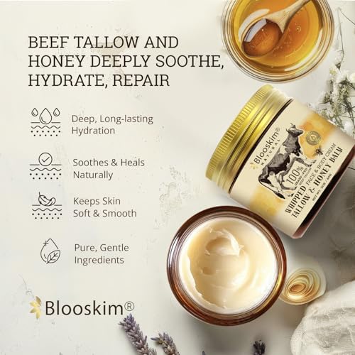 Blooskim Beef Tallow Honey Balm 2oz (Pack of 2) – Whipped Organic Moisturizer for Dry Skin