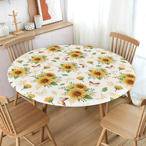 Sunflower Round Fitted Tablecloth - 40-44 Inch Elastic Edge Floral Cover