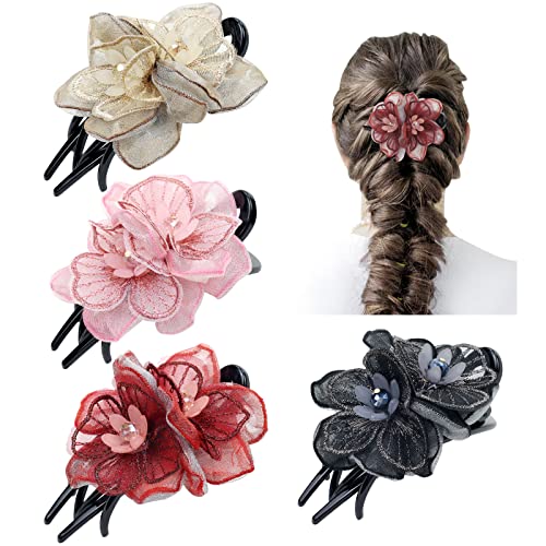 4-Pack Embroidered Mesh Flower Duckbill Hair Clips for Women & Girls