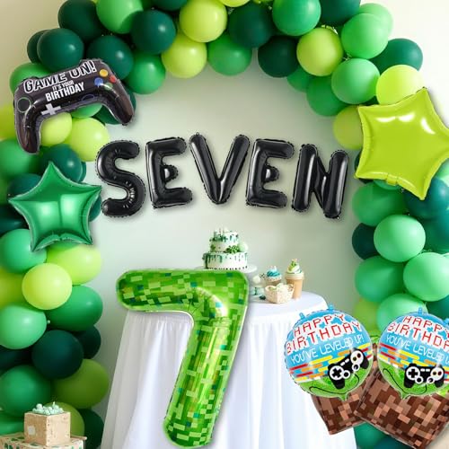 40-Inch Green Pixel Miner Number 7 Balloon Set - 13 Pcs Video Game Party Decorations