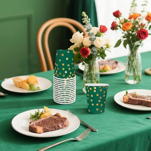 Dark Green and Gold Disposable Paper Cups - 9 oz, 50 Pcs