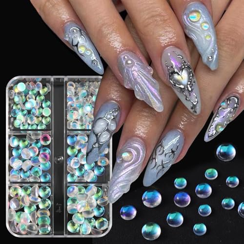 3D Aurora Nail Art Charms - Iridescent Bubble Beads & Rhinestones