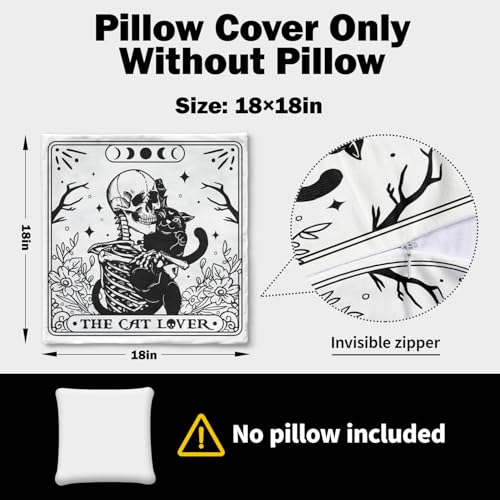 Gothic Skull Black Cat Pillow Cover - 18x18" Polyester Case