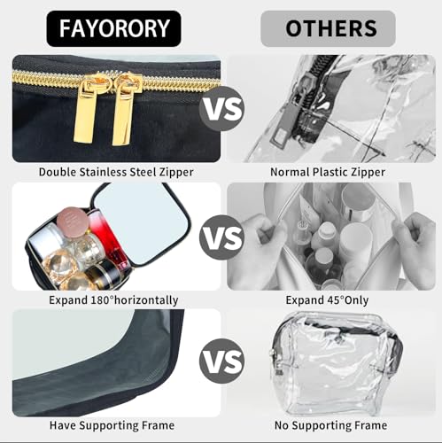 Travel Toiletry Bags 2 Pack Clear with Handles - 180° Opening, Large Set, Black