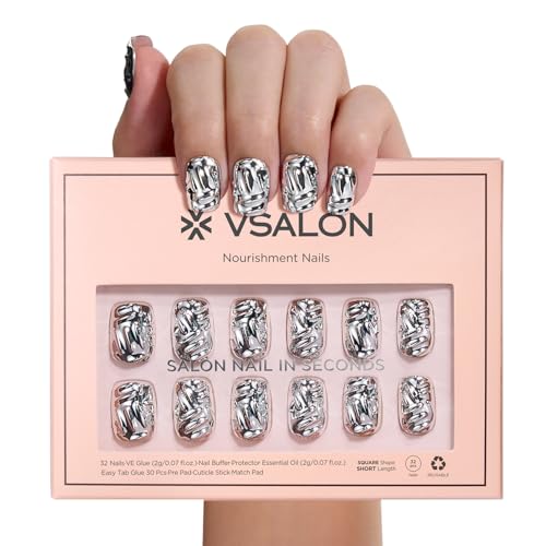 VSALON Short Square Press-On Nails C2-Iron Women Silver Metallic Chrome 3D