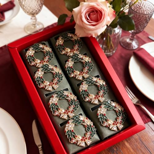 Christmas Wreath Napkin Rings Set of 8 - Gold Alloy & Enamel