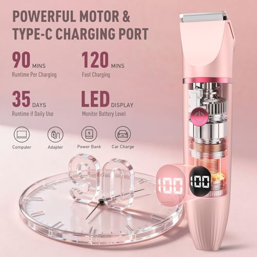 Bikini Trimmer for Women, 3-in-1 Electric Razor, IPX7 Waterproof Ceramic Blades, Wet & Dry Use, LED Display, Painless Shaver for Bikini, Face, Underarms, Legs, Home Travel (Pink)