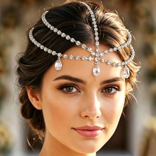 Yalice Silver Layered Head Chain with Rhinestones - Adjustable Bridal Hair Jewelry
