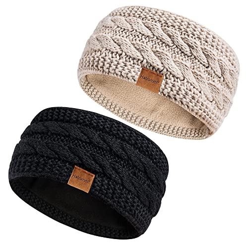 Winter Headbands for Women - Wool Ear Warmers (Black + Beige) - Thick & Fleece Lined