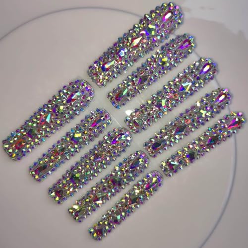Gleamrain XXL Extra Long Square Press-on Nails - Floral Rhinestone 1104