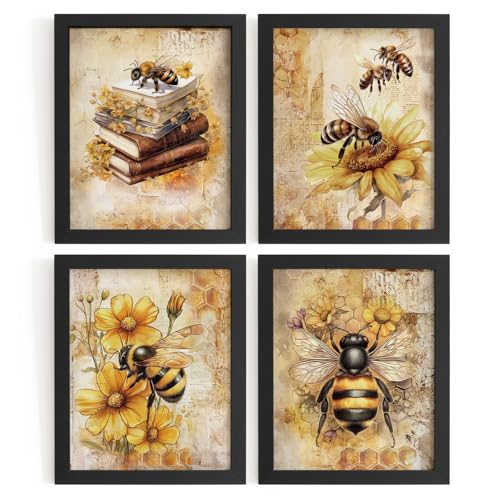 Vintage Bumble Bee & Sunflower Floral Wall Art Prints - 8x10 Unframed