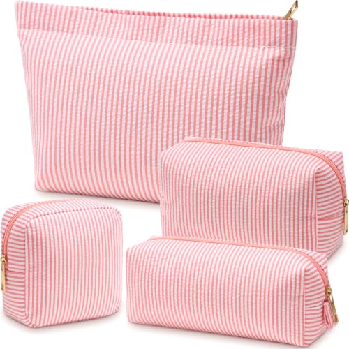 Coral Pink Seersucker Makeup Bag Set - 4 Pcs Travel Cosmetic Organizer