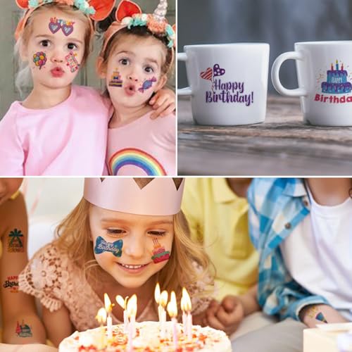 Glitter Happy Birthday Temporary Tattoos for Kids - 74 Sheets