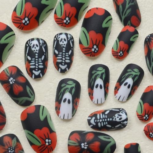 Halloween Press On Nails Short Oval Fake Nails with Skull and Ghost Designs - 24 Pack