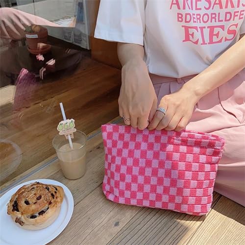 Dalulu Green & White Y2K Checkered Makeup Bag - Large Capacity Travel Organizer