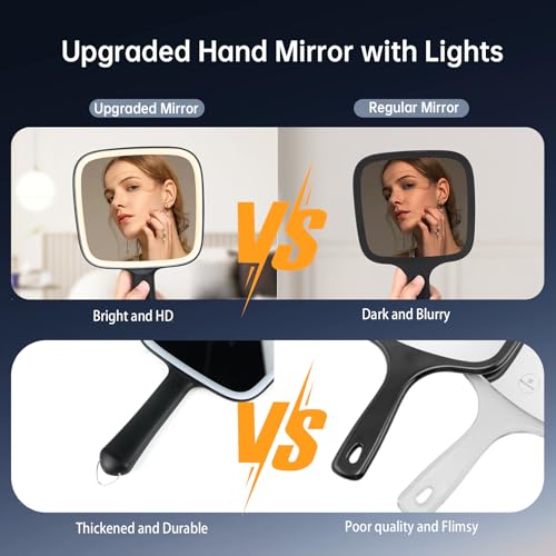 LOGUBYE Black Lighted Hand Mirror with 3 Light Colors, 6.2'' x 5.9'' Portable Makeup & Vanity Mirror