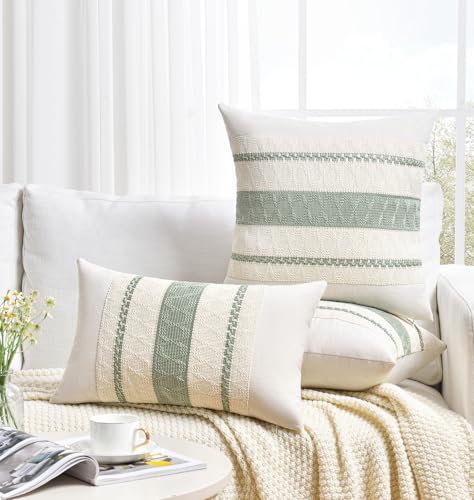Sage Green Boho Lumbar Pillow Cover 12x24 Inch - Rustic Chic