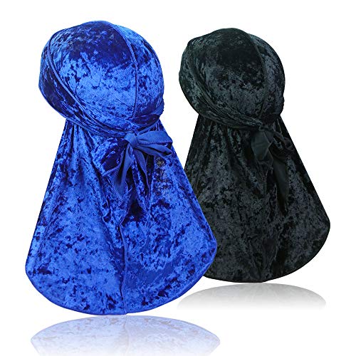 2 Pack Premium Crushed Velvet Durag for 360 Waves - Long Tail Headwear