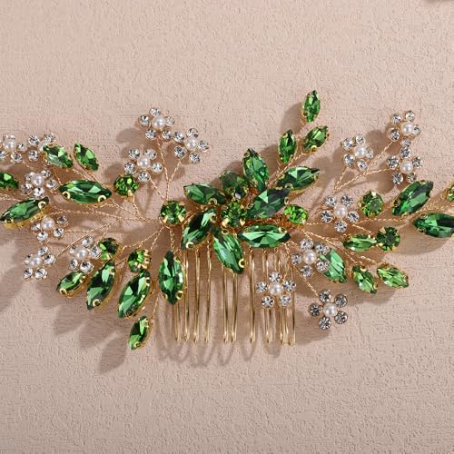 Rumtock Emerald Bridal Hair Comb Handmade Gold Wedding Hair Accessory for Women