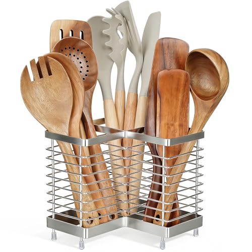 Triangular Stainless Steel Utensil Holder - 3 Compartment Kitchen Organizer