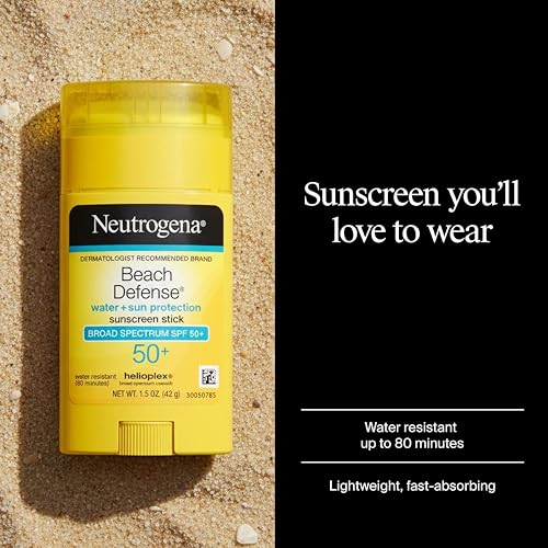 Neutrogena Beach Defense Sunscreen Stick SPF 50 Broad Spectrum UVA UVB Protection Lightweight Water Resistant up to 80 Minutes Oil-Free No-Mess Beach-Strength Sun Protection for Whole Family, 1.5 oz