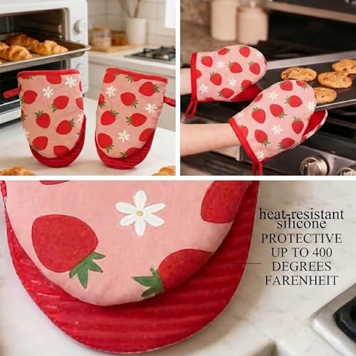 Cute Strawberry Mini Oven Mitts Set - 2-Pack Heat-Resistant Kitchen Gloves