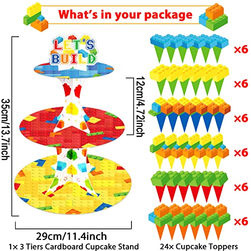 Building Block Cupcake Stand with 24 Cupcake Toppers - 3-Tier Party Decor