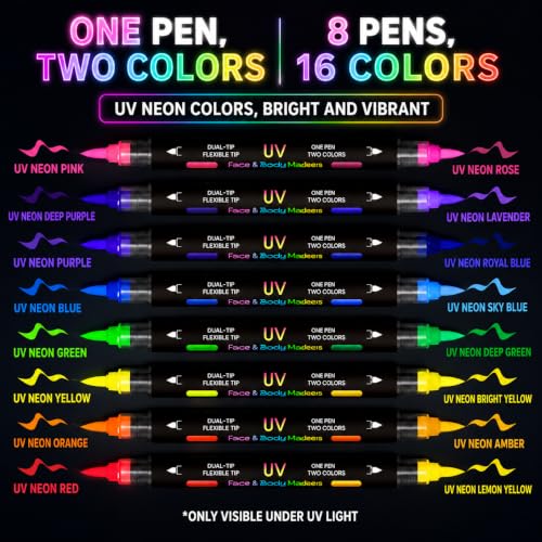 16 Colors Glow in The Dark Face Paint Markers - Black UV Neon Body Paint Pens