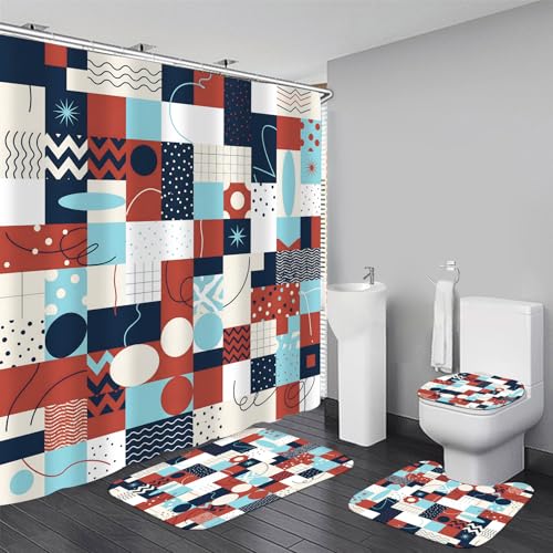 LQCOOL Geometric Patchwork Shower Curtain Set with Rugs & Hooks