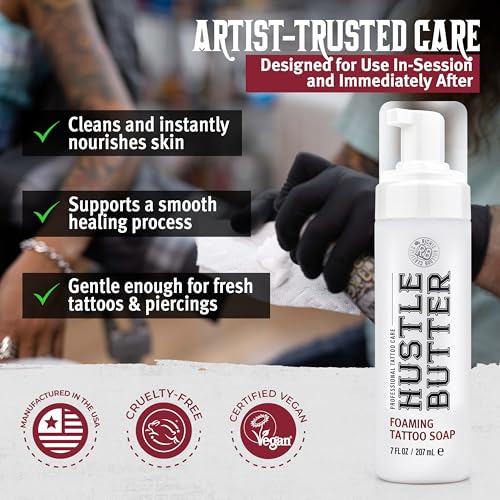 Hustle Bubbles Tattoo Aftercare Tattoo Soap - Dermatologist Tested Cleanser To Clean New Tattoos & Piercings - Essential Body Art Supplies 7oz