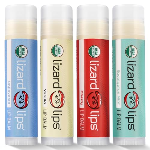 LizardLips Lip Balm Set of 4 – Vanilla, Cherry, Eucalyptus Mint & Unflavored USDA Organic