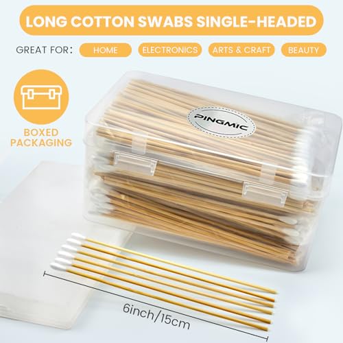 500PCS 6" Cotton Swabs in Storage Box - Long Cotton Swab with Wooden Sticks - Lint Free, Highly Absorbent Single Tipped Applicators for Makeup, Pet Care, Home Cleaning