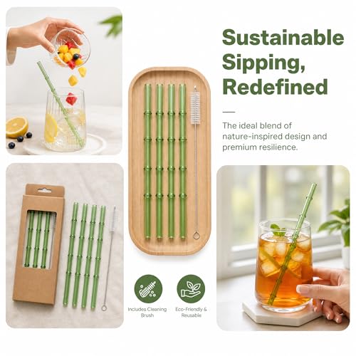 Bamboo Glass Straws Set - 4 Reusable Borosilicate Straws with Cleaning Brush