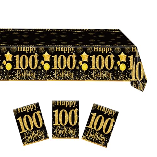 100th Birthday Tablecloth Set - 3 Black & Gold Covers for Party