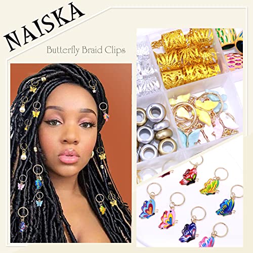NAISKA 185Pcs Gold Butterfly Hair Clips & Dreadlock Charms for Braids & Locs