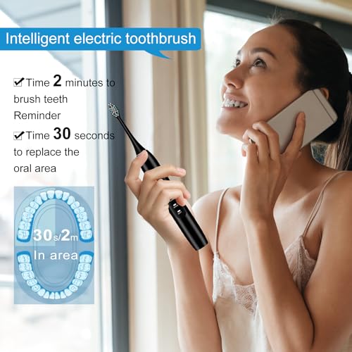 Kingheroes Black Electric Toothbrush Set with 8 Replacement Heads, Travel Case & 4 Modes
