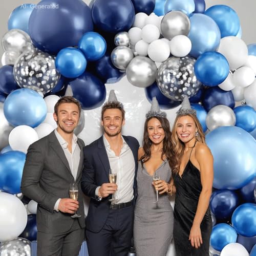Navy Blue White Silver Balloon Arch Kit for Parties & Events