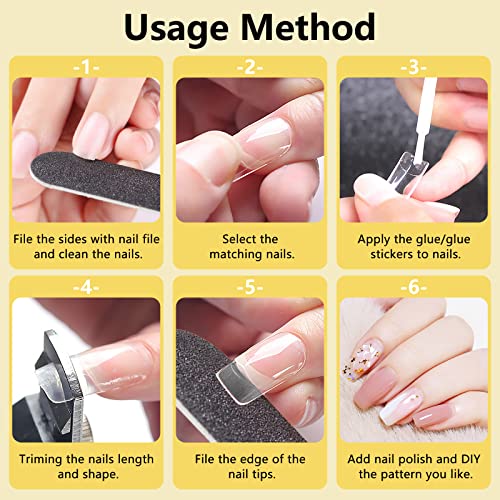 Yokilly Square Nail Tips Set - 1000 Pieces Natural & Clear Fake Acrylic Nails with 10 Sizes for DIY Manicure