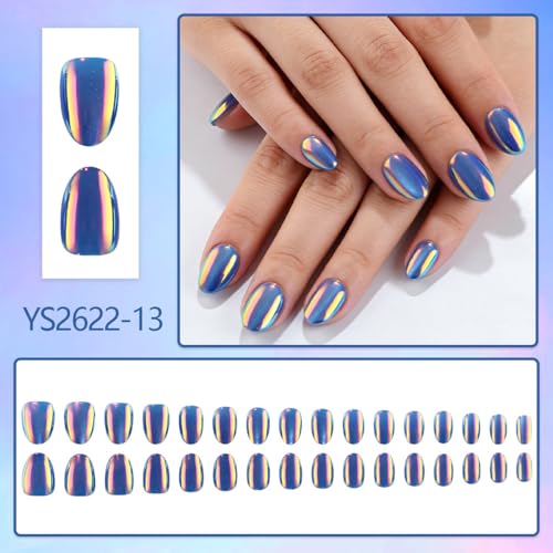 Aurora Blue Metallic Press-On Nails - Short Almond 24pcs