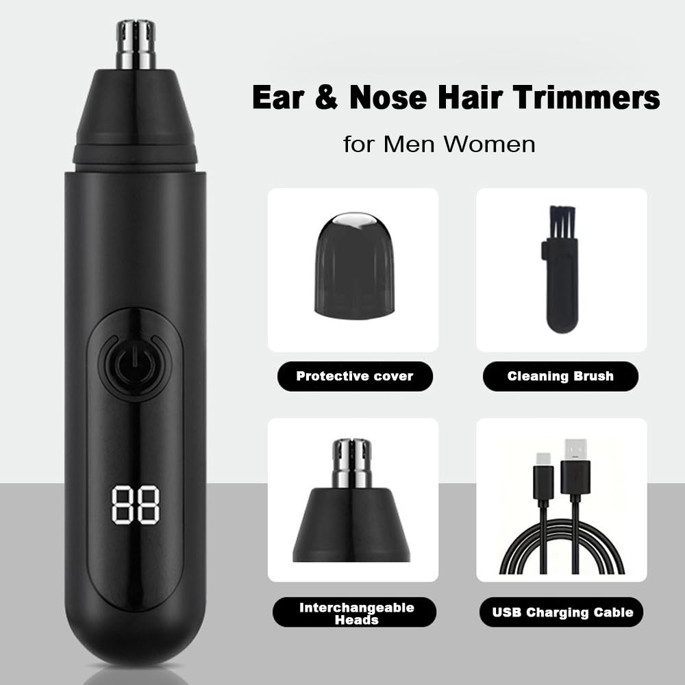 Cqxfsgr Ear and Nose Hair Trimmer Clipper for Men Women, USB Rechargeable Professional Painless Eyebrow & Facial & Ear & Nose Hair Trimmer, LED Display Dual Edge Blades for Easy Cleansing