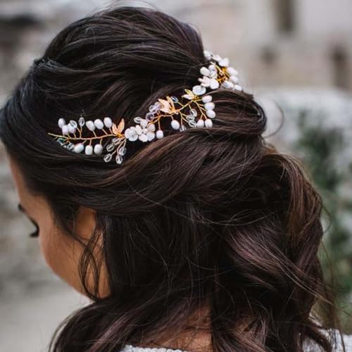 Gold Pearl Leaf Flower Bridal Hair Vine - Crystal Headband for Weddings