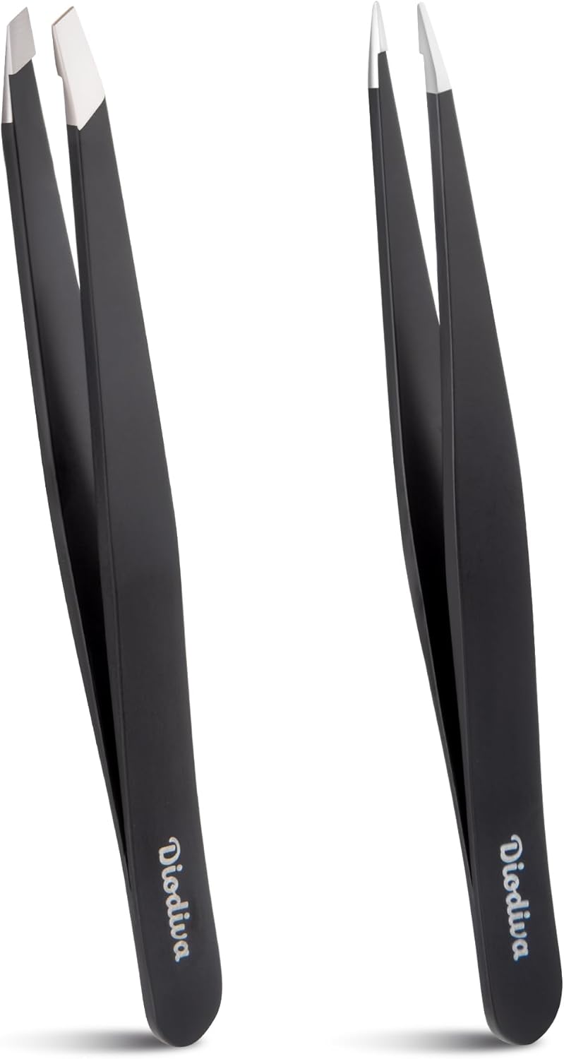 Precision Eyebrow Tweezers Set - 2-Pack Slant & Point Tip Stainless Steel for Hair Removal | Professional Grooming Case - Black