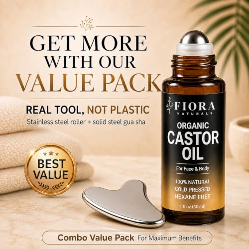 Organic Castor Oil Roll-On & Stainless Steel Gua Sha Tool Set