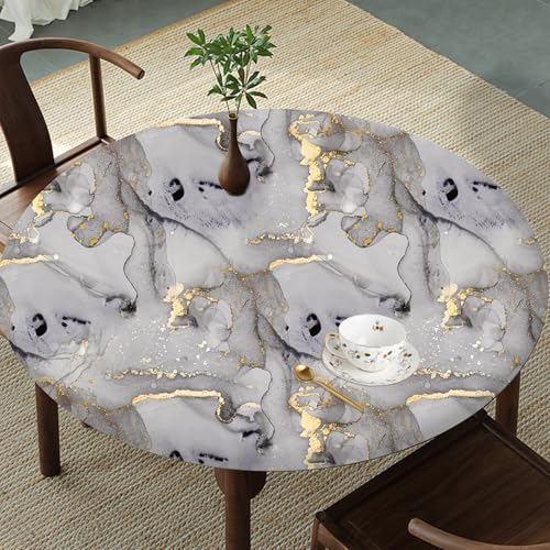 Elastic Edge Round Tablecloth for 36-44" Tables - Wrinkle-Resistant Polyester, Marble Design